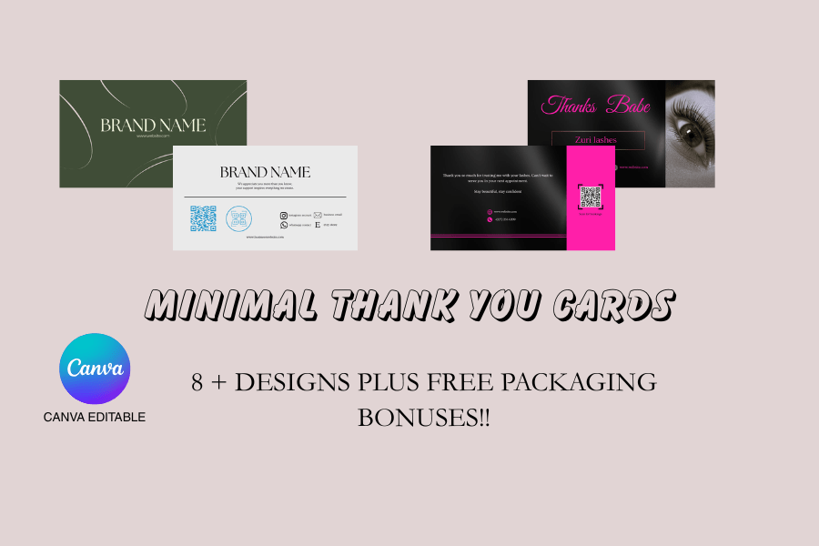 Collection of customizable THANK YOU CARDS with branding options and FREE PACKAGING BONUSES.