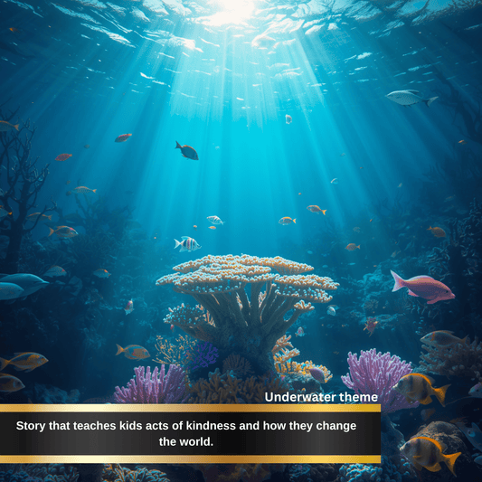 A magical underwater scene where a glowing coral represents how acts of kindness can transform the environment and bring light and warmth to the world (books for educating kids positive values)
