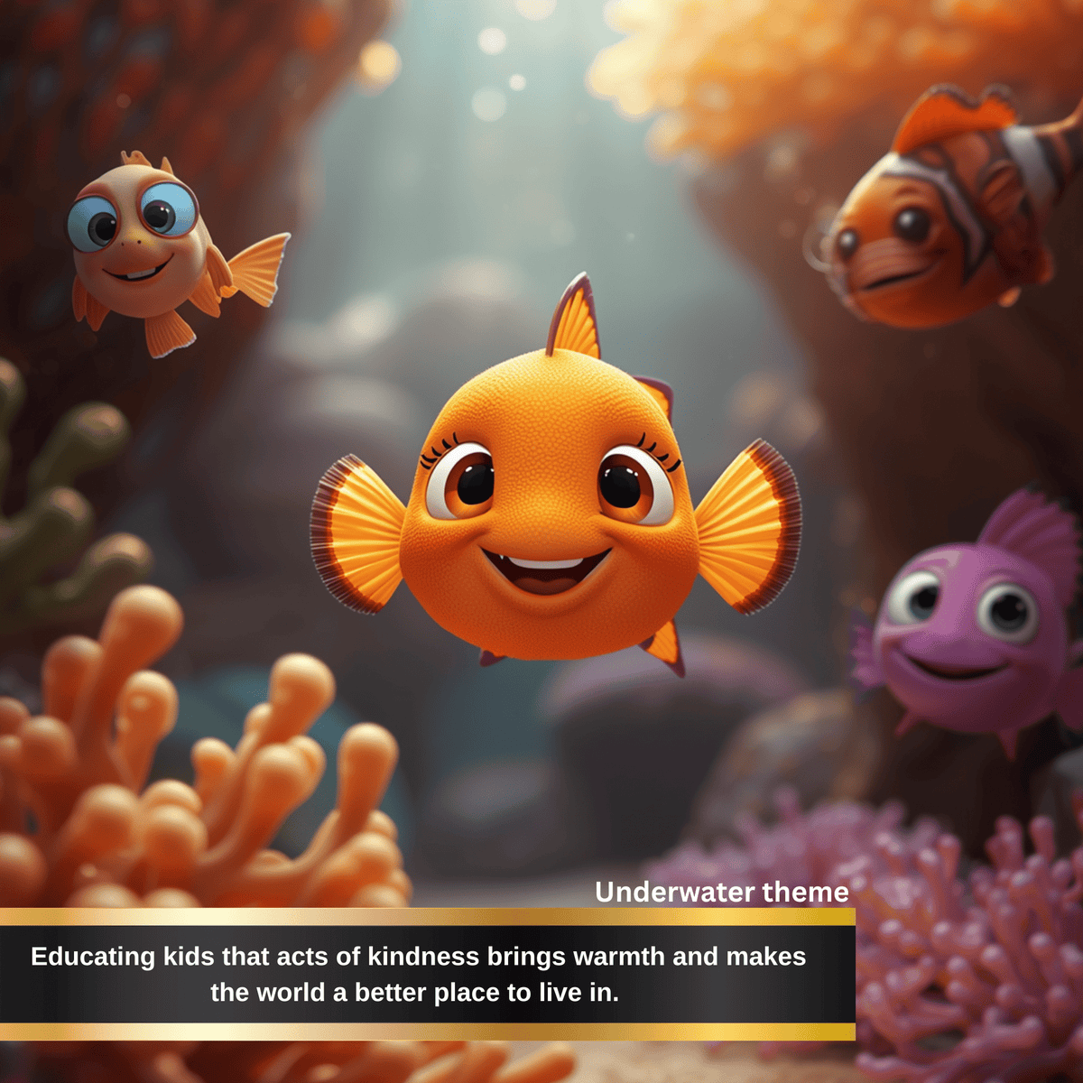 joyful underwater scene showing happy sea creatures reinforcing the message that kindness creates happiness, connection and a better world for everyone. (social emotional learning)