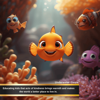 joyful underwater scene showing happy sea creatures reinforcing the message that kindness creates happiness, connection and a better world for everyone. (social emotional learning)